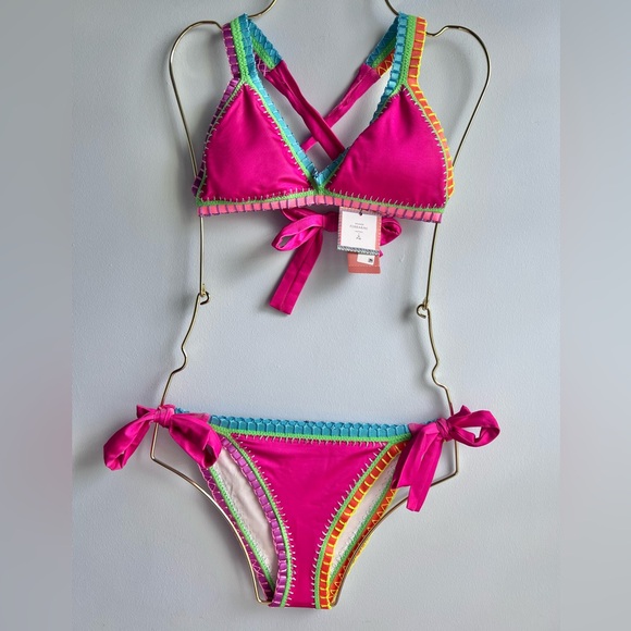 Pily Q Juniors Crochet-Trim Bikini Top & Side Tie Bikini Bottom Pink Size Med